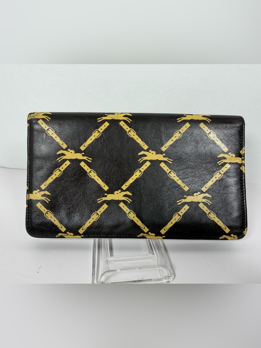 1139: Longchamp Vintage Horse & Belt Print Leather Continental Wallet Rehab
